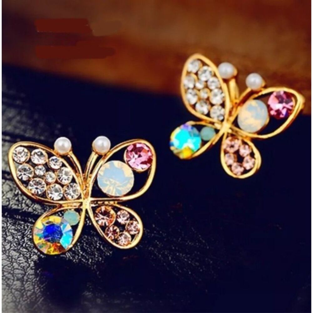 Pink & Clear Rhinestone Butterfly Stud Earrings